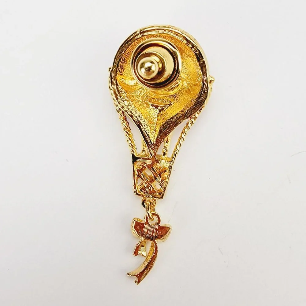 Vintage Red Enamel Hot Air Balloon Pin Gold Tone Bow Charm Rhinestone Brooch‎
